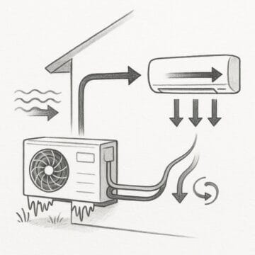 Luft‑luftvärmepump - så fungerar det. Skiss