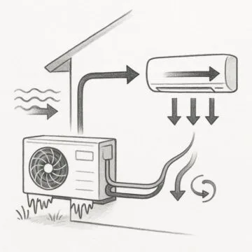 Luft‑luftvärmepump - så fungerar det. Skiss